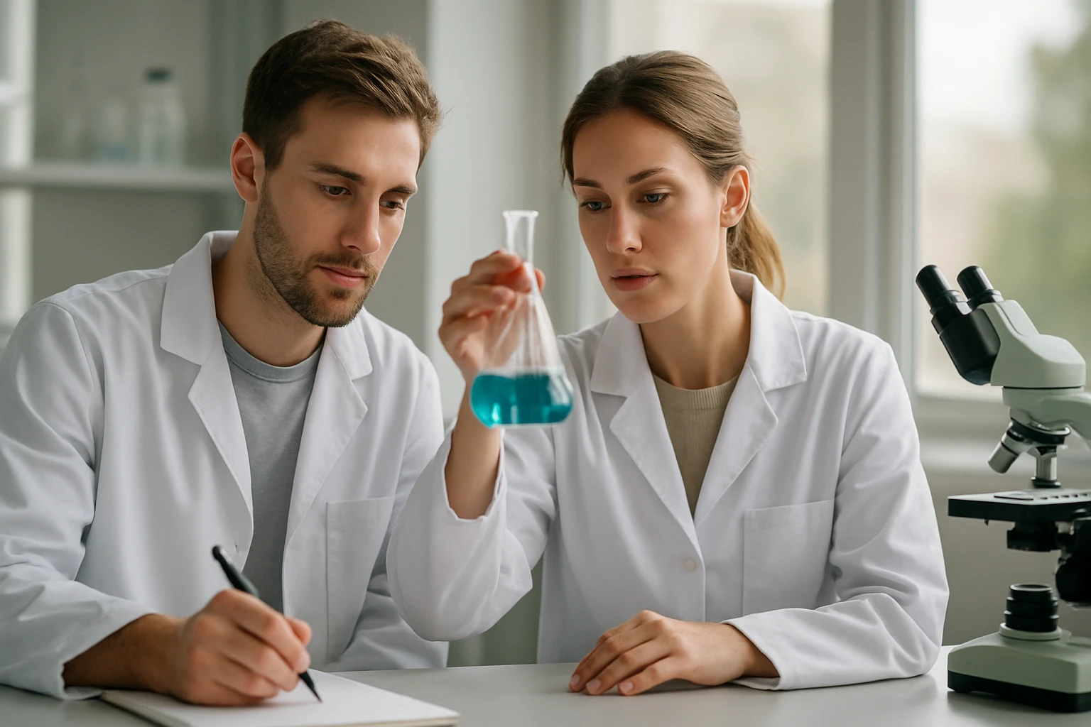 Kémikusok laboratóriumban, kék folyadékot vizsgálnak