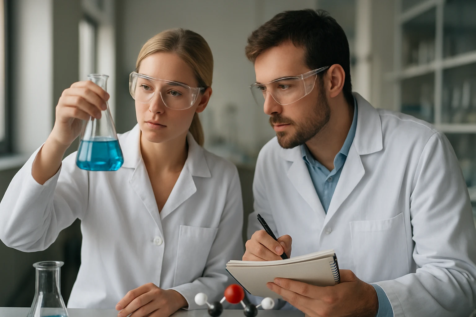 Két tudós kémiai kísérletet végez laboratóriumban