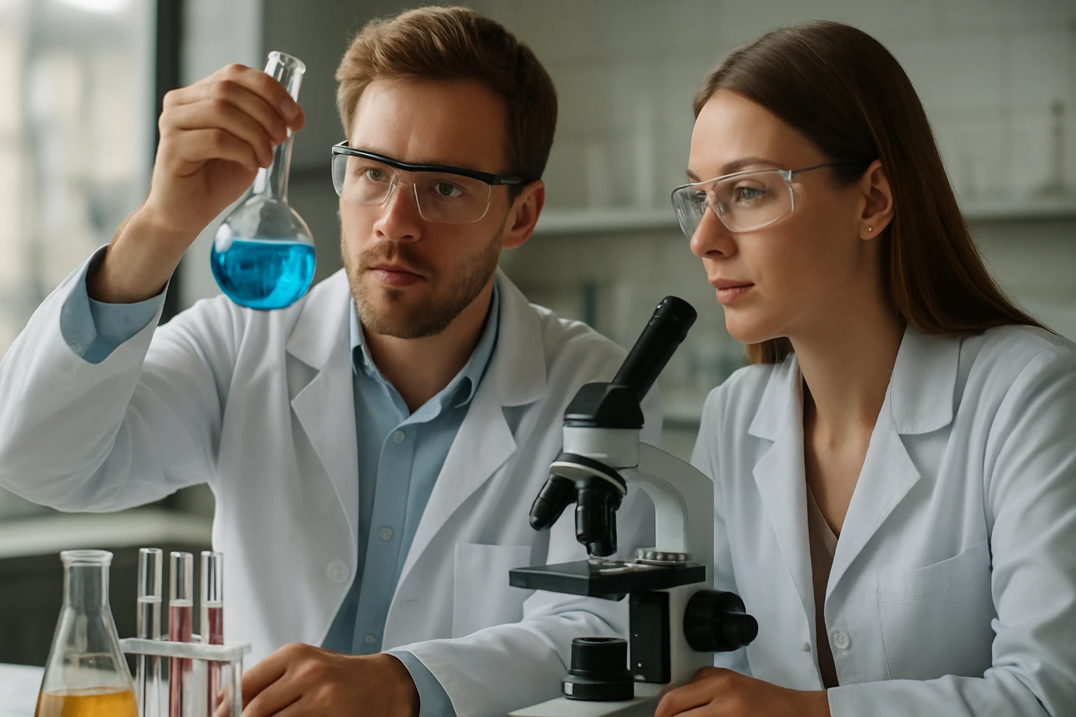 Kémikusok laboratóriumban kék folyadékot vizsgálnak