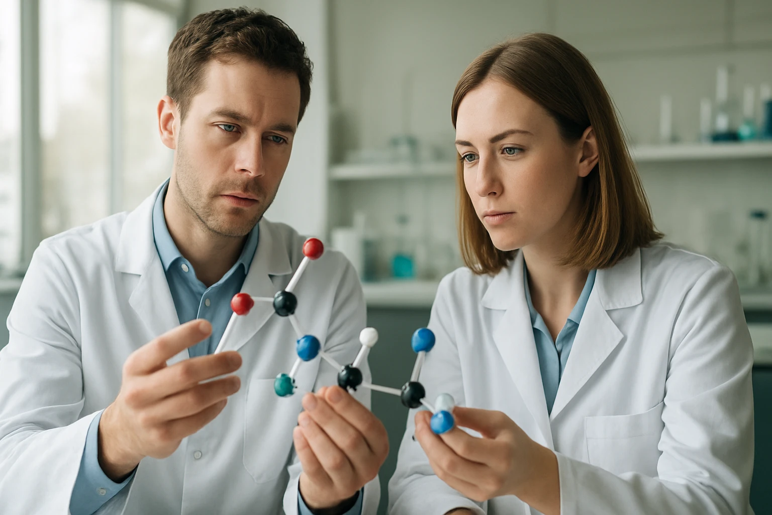 Két kémikus a dealkilezés folyamatát elemzi molekula modellek segítségével