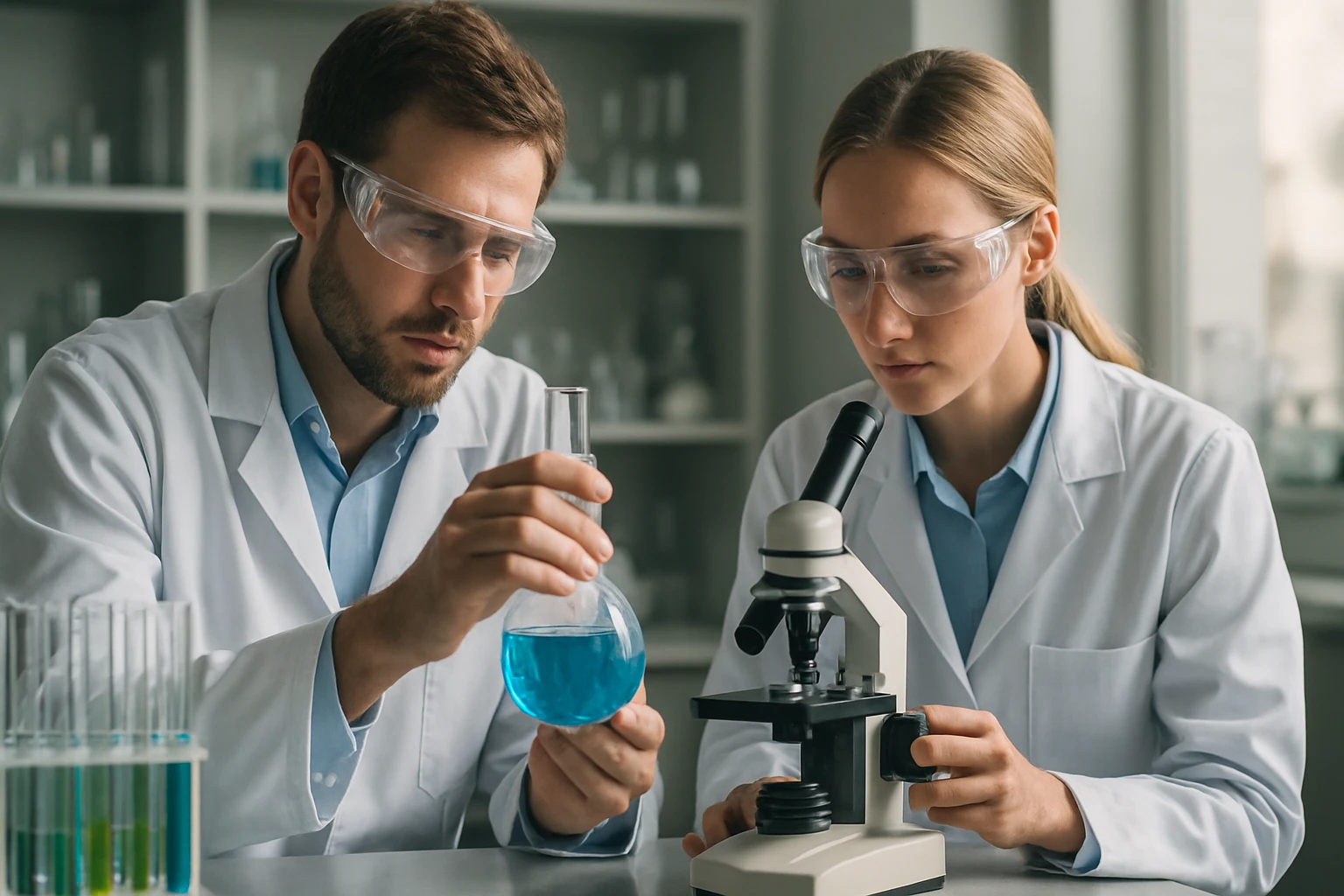 Két tudós laboratóriumban, kémiai kísérletezéssel foglalkozik.