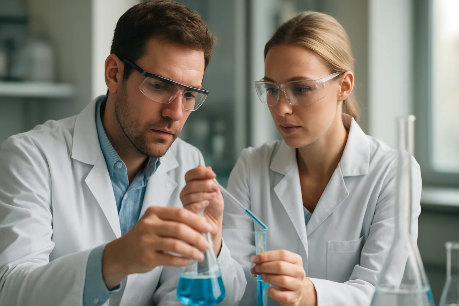 Két kutató dekahidronaftalint vizsgál egy laboratóriumban.