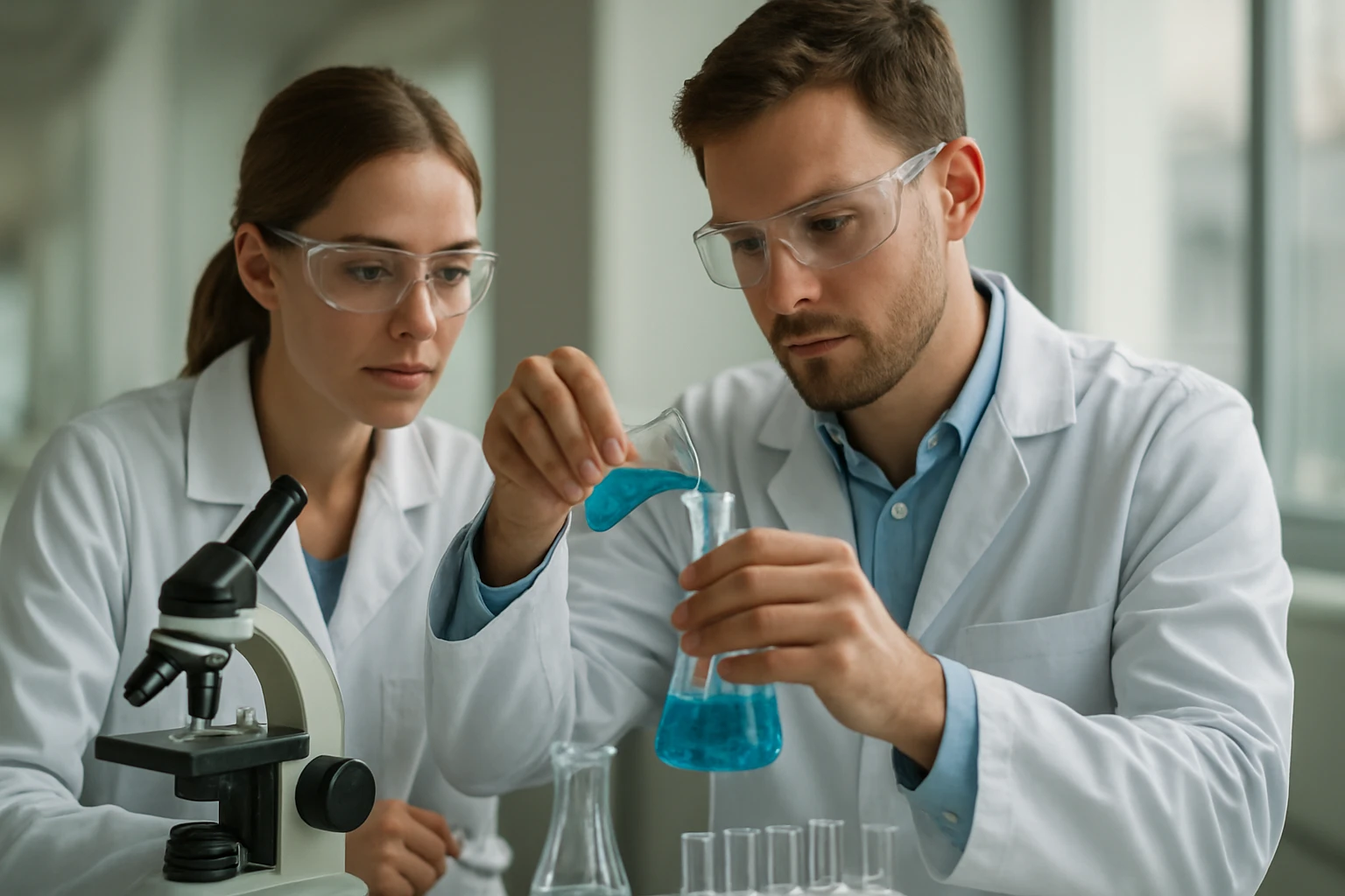 A dekantálás folyamata: Az elválasztási technika lényege és felhasználási területei Két tudós dekantálás folyamatát bemutató laboratóriumi munka