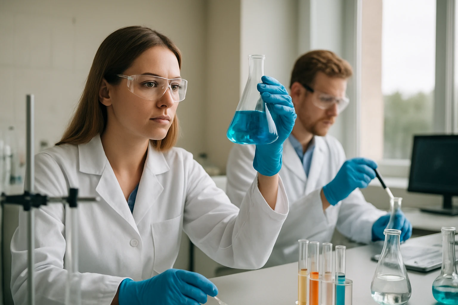 Laboratóriumi kísérlet során kémikusok különböző folyadékokat vizsgálnak.