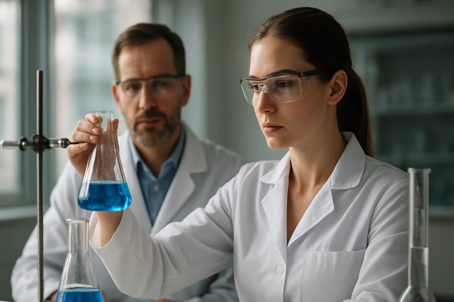 Két tudós laboratóriumi környezetben, kék folyadékkal teli lombikot vizsgálva.