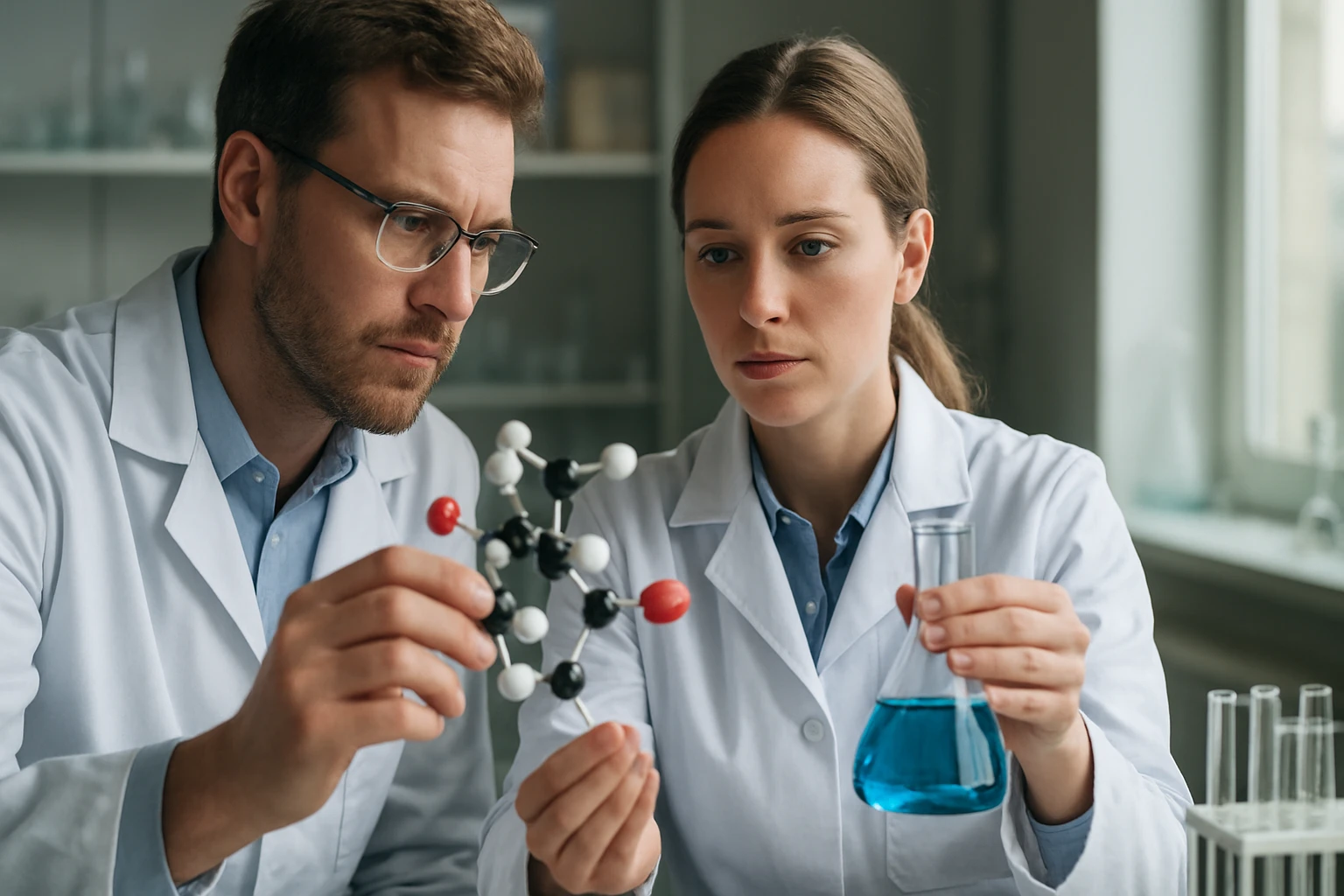 Két kutató dendrimer molekulákat vizsgál egy laboratóriumban