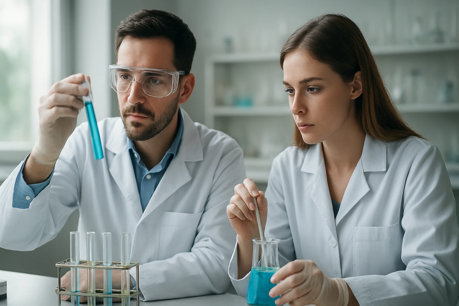 Kémikusok laboratóriumban, derítőszer vizsgálata