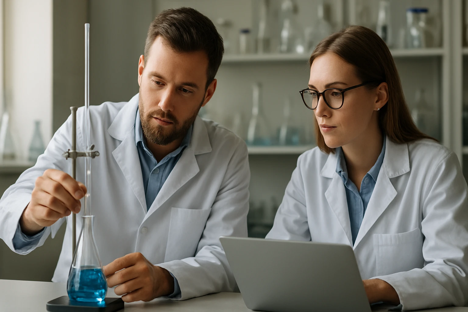 Két kutató laboratóriumban dolgozik kémiai kísérleten.