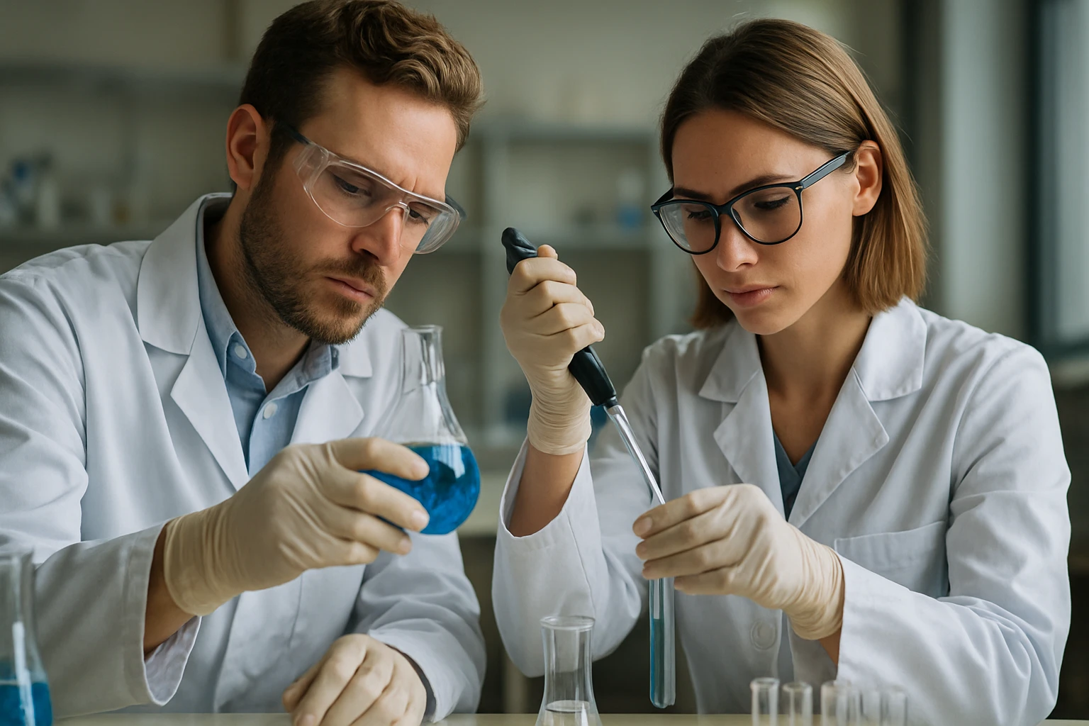 Két tudós kémiai kísérletet végeznek laboratóriumban.