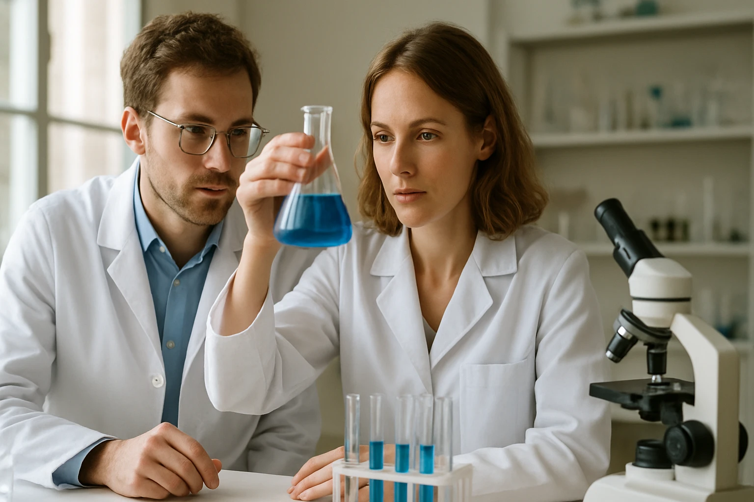 Kémikusok deszikkánsokat vizsgálnak laboratóriumban.