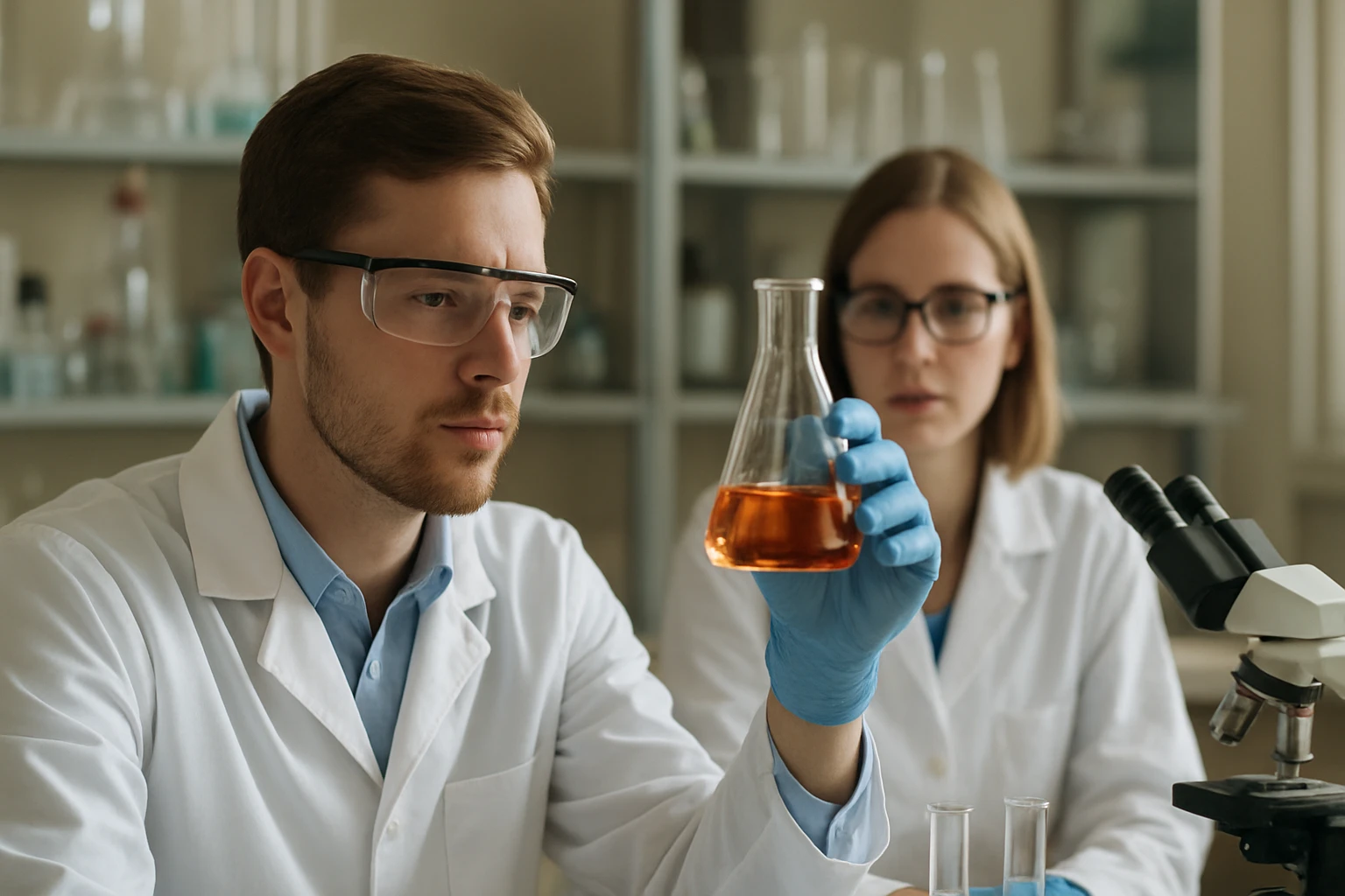 Két tudós laboratóriumban, kémcsövekkel és mikroszkóppal dolgozik.