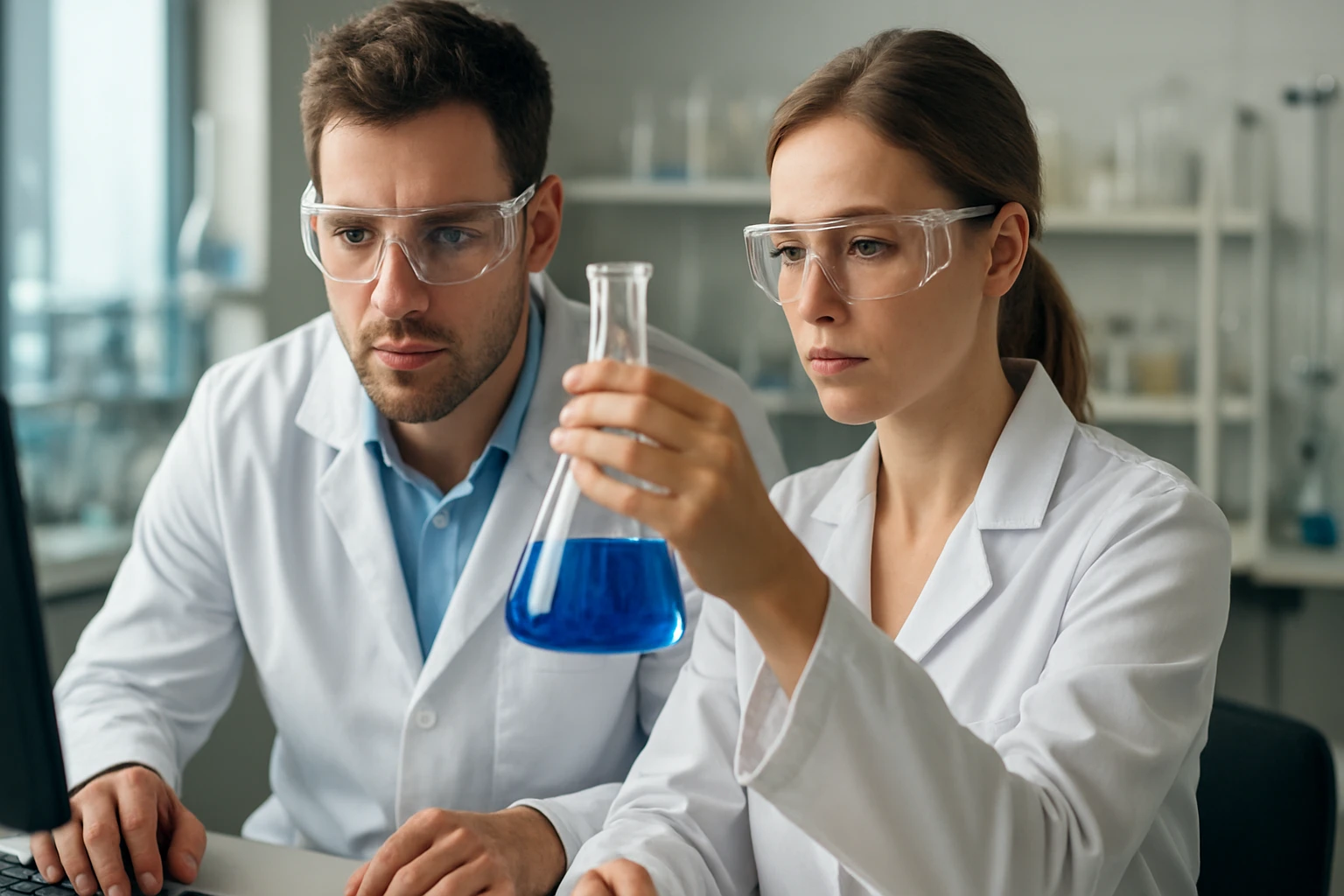 Két tudós laboratóriumi kísérlet közben, az acetil csoportok vizsgálatánál.
