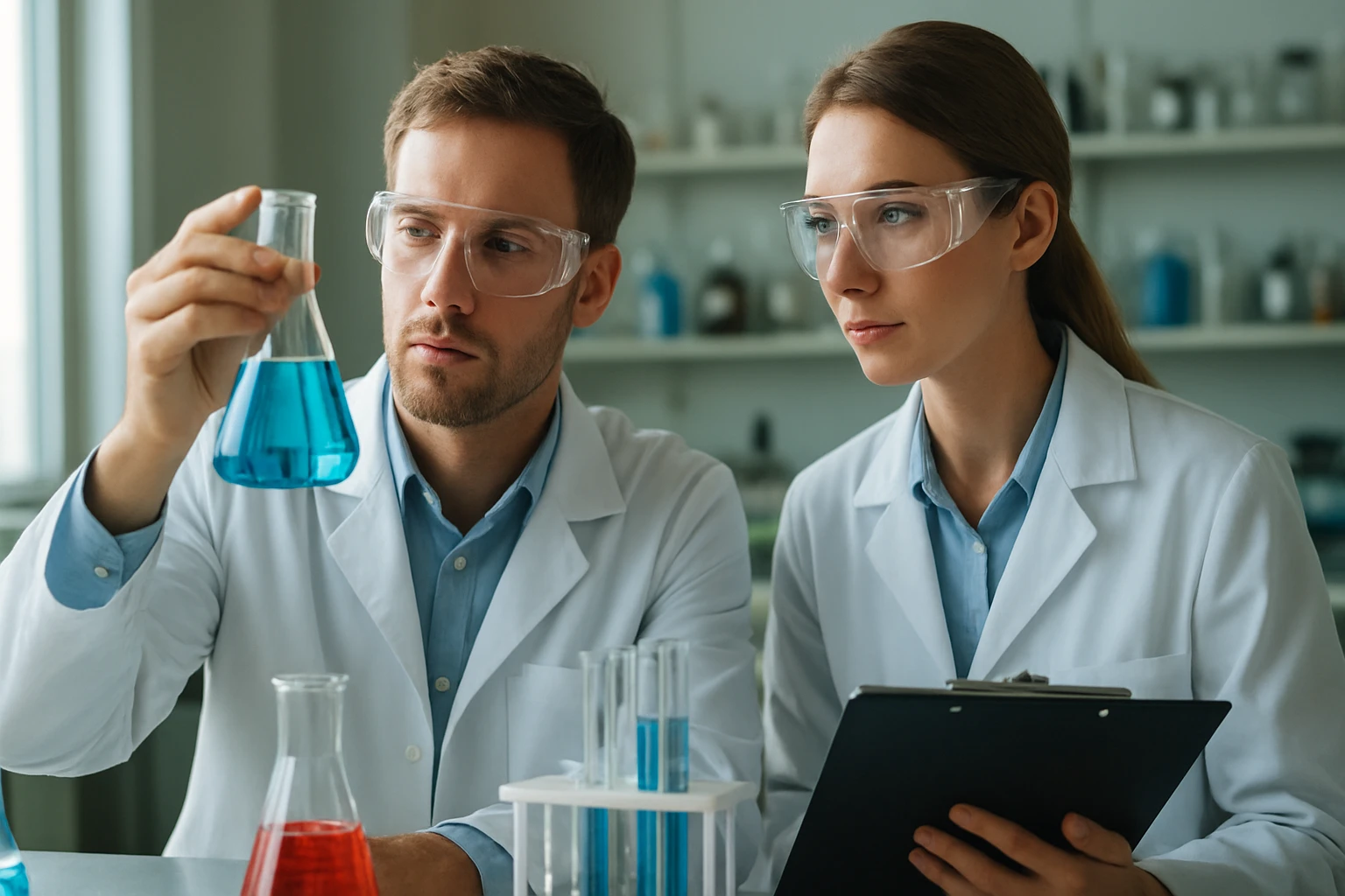 A dezaktiválás jelentése, folyamata és példái a kémiában Két kémikus laboratóriumban, kék folyadékkal teli kémcsövet vizsgálnak.