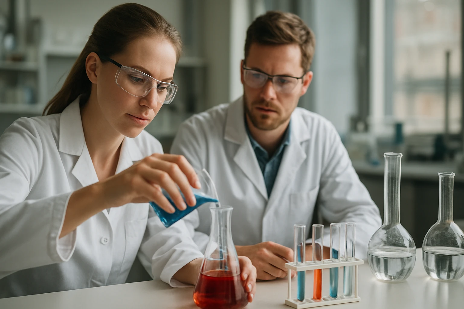 Két kutató kémiai kísérletet végez laboratóriumi környezetben.