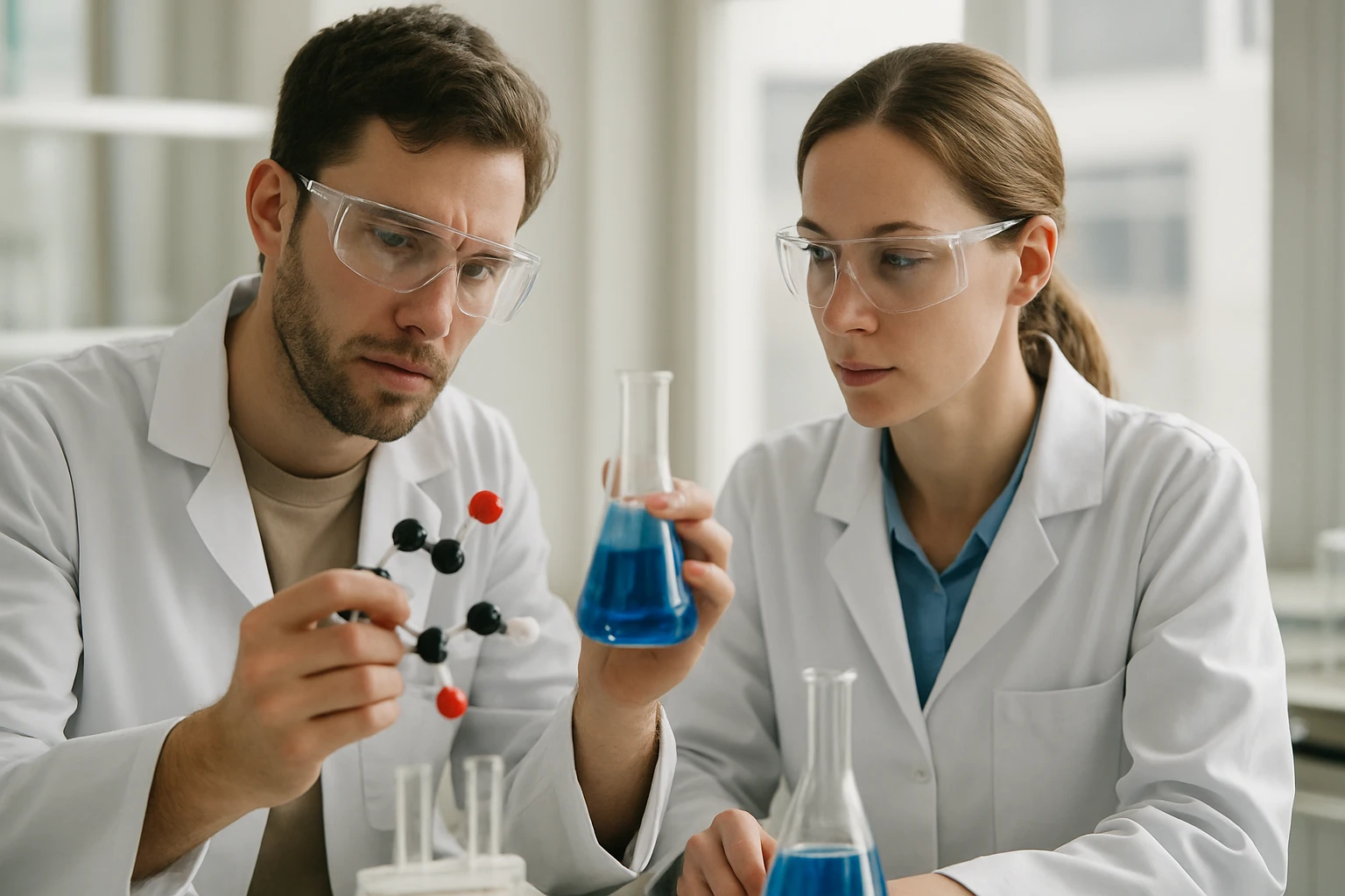 Két kémikus dolgozik dialdehidekkel laboratóriumban