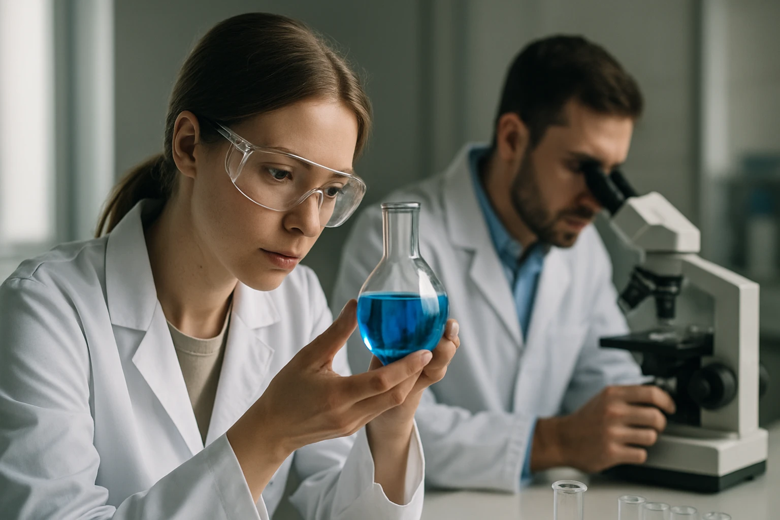 Kémikusok laboratóriumban vizsgálnak egy kék folyadékot.