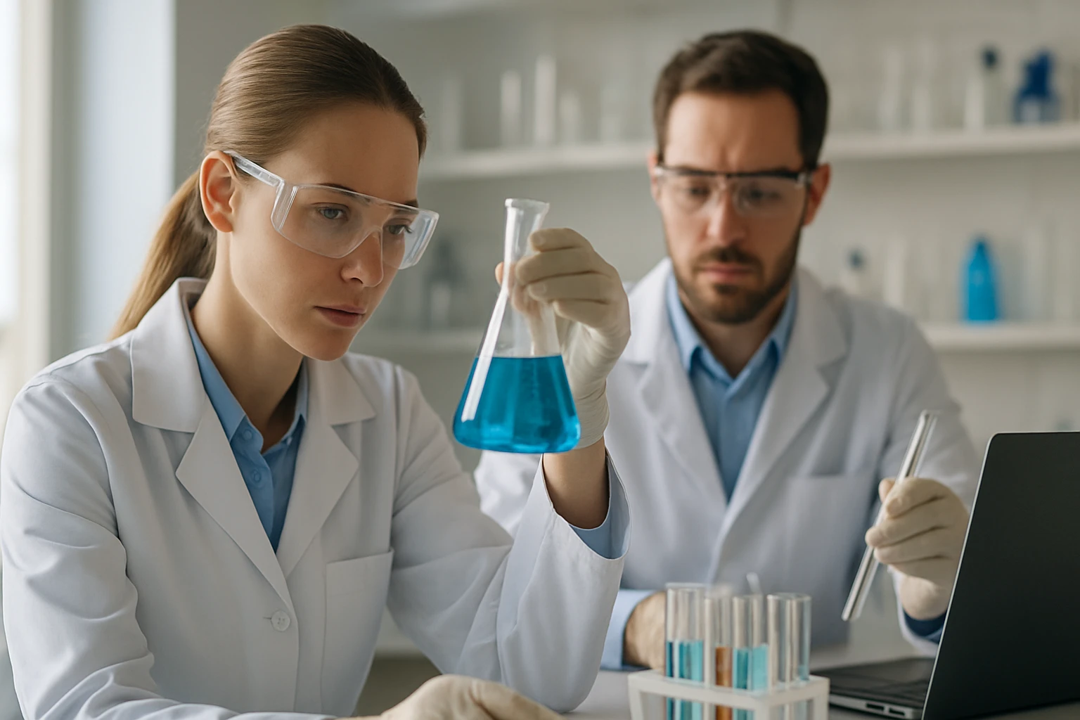 Két tudós kémiai kísérleteket végez laboratóriumban, Diazóamidobenzol.