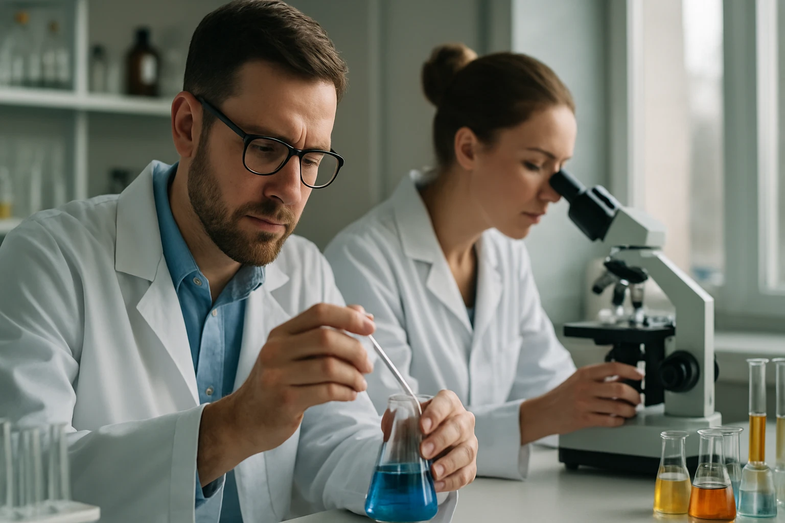 Két tudós laboratóriumban kémiai kísérleteket végez.