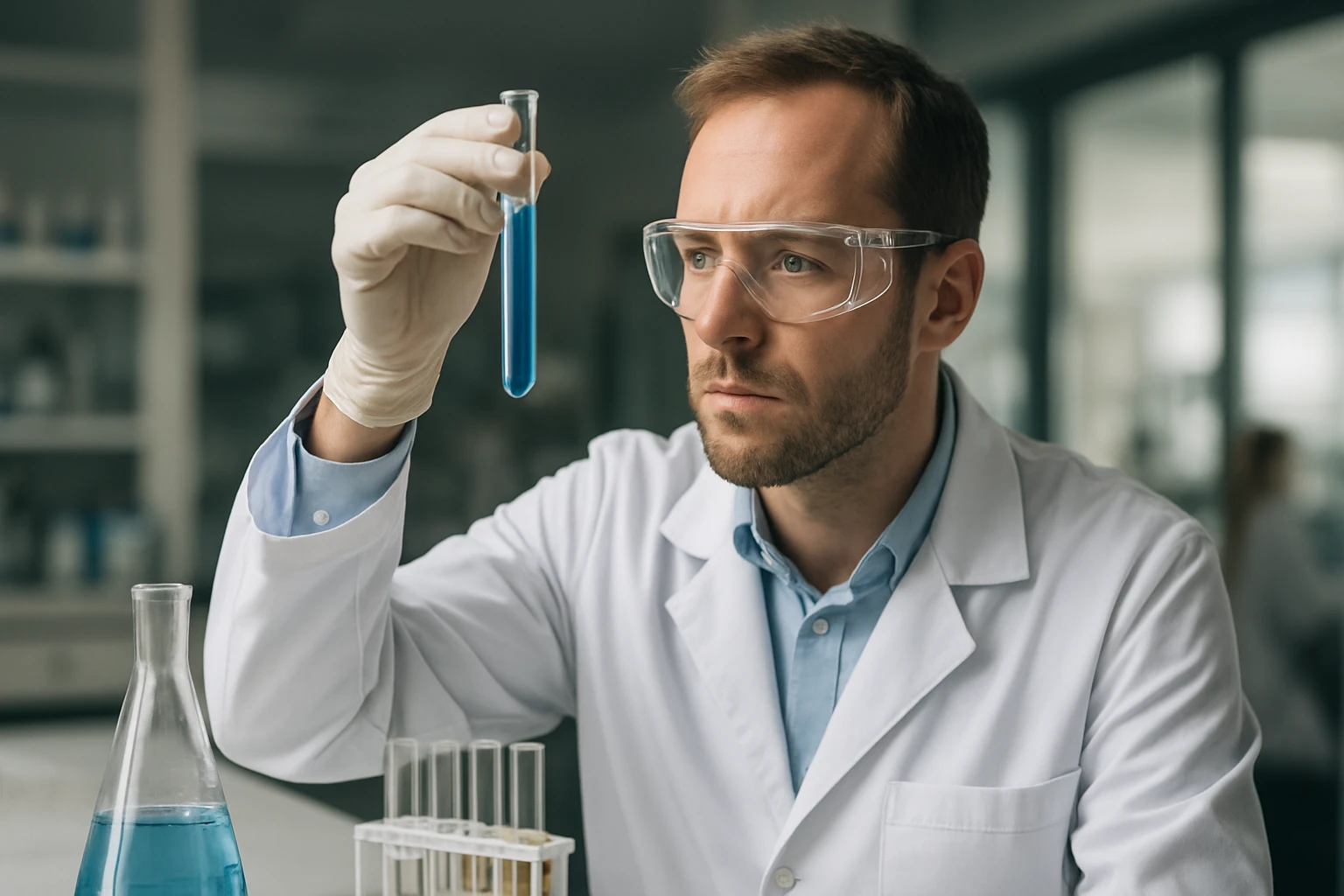 Kémikus kísérletezést végez laboratóriumban