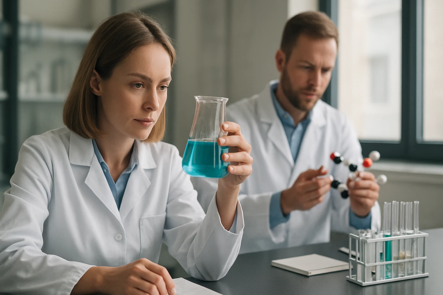 Laboratóriumi kutatók kémiai vizsgálat alatt álló oldattal