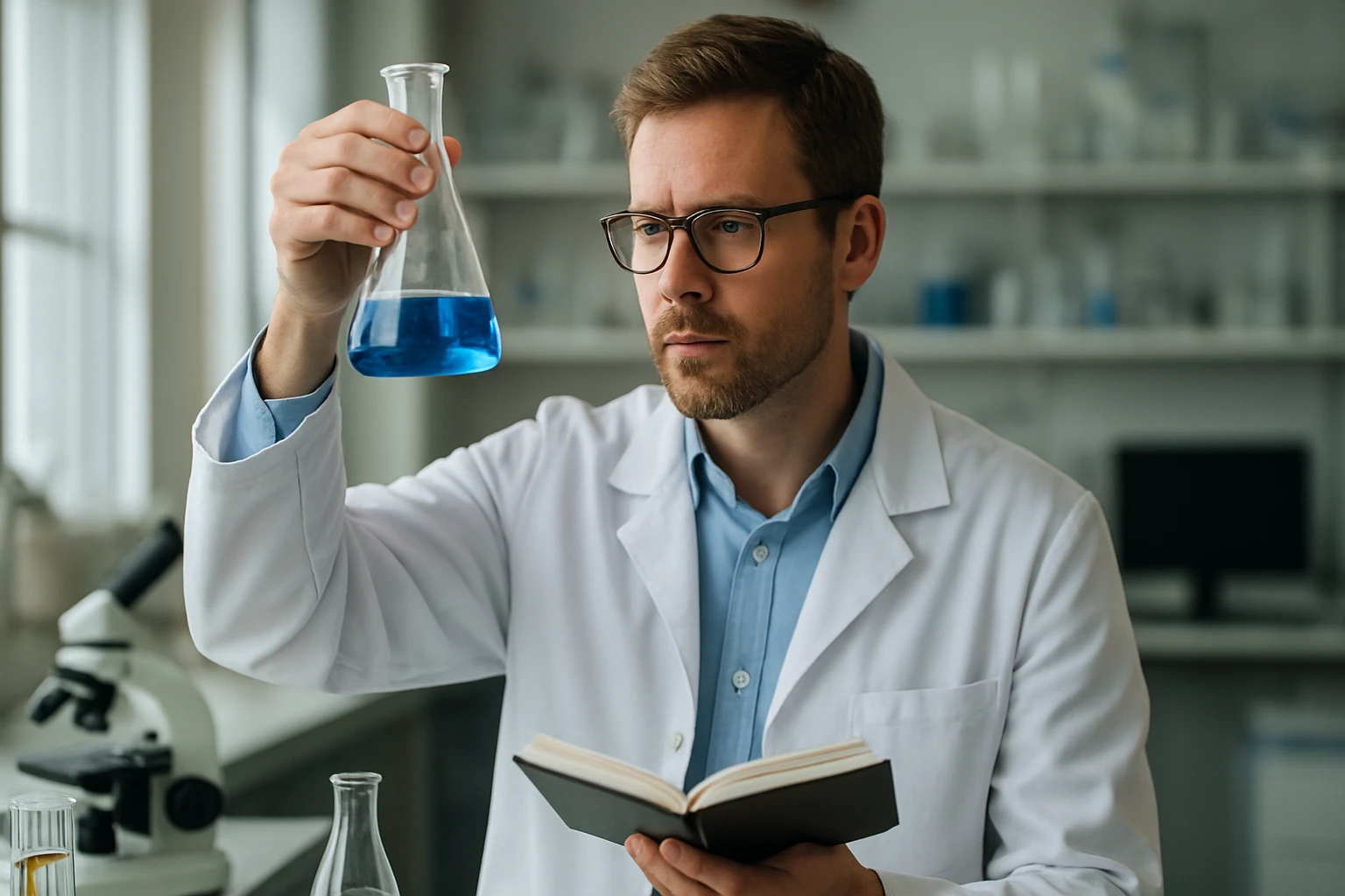 Kémikus laboratóriumban kék folyadékkal teli mérőedényt tart a kezében.