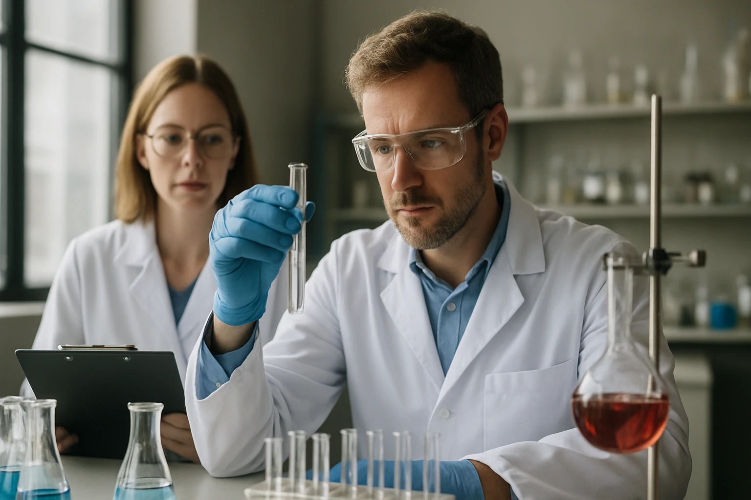 Két vegyész laboratóriumban, kémiai reakciókat tanulmányozva.