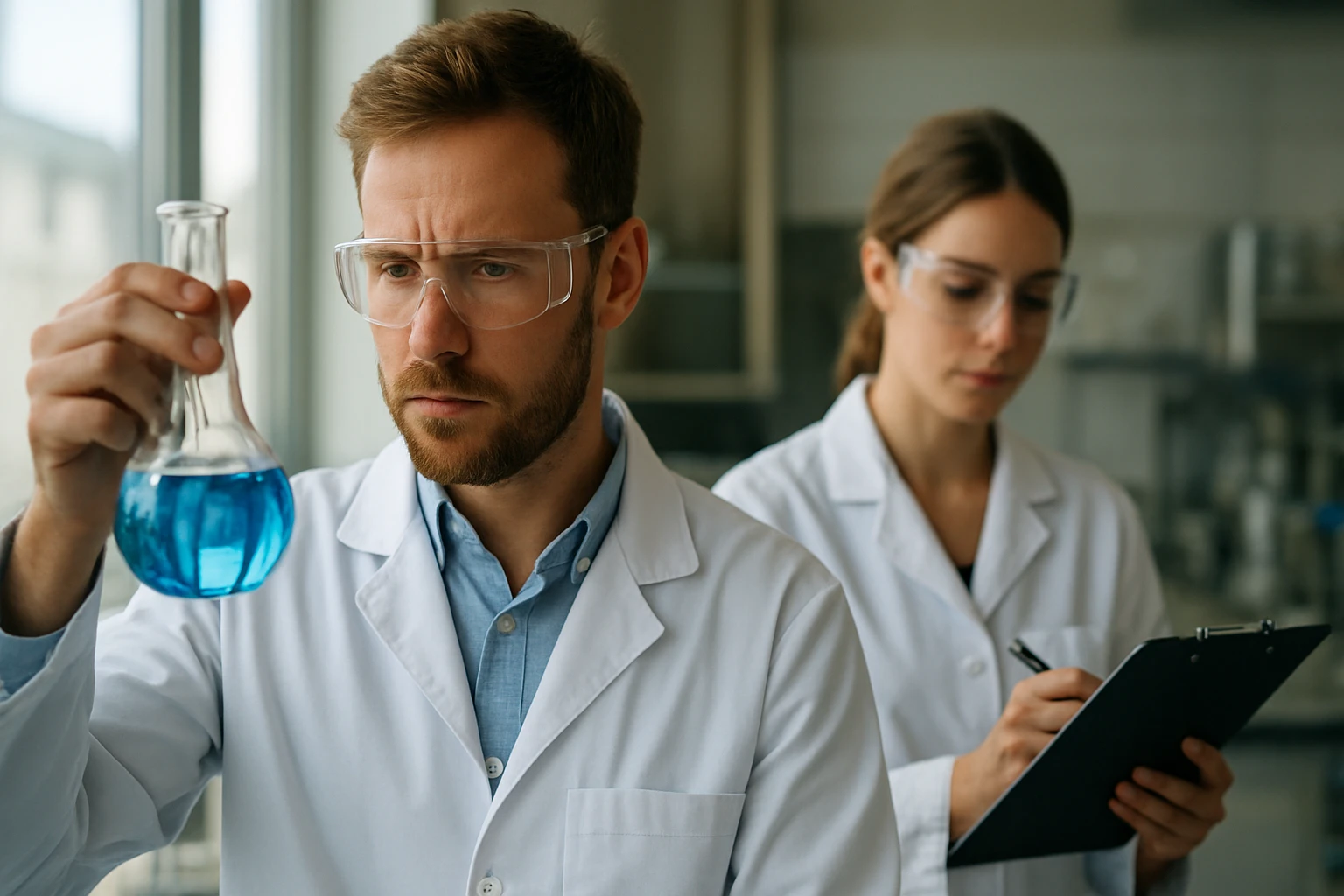 Kémikus egy kék folyadékot vizsgál egy laboratóriumban