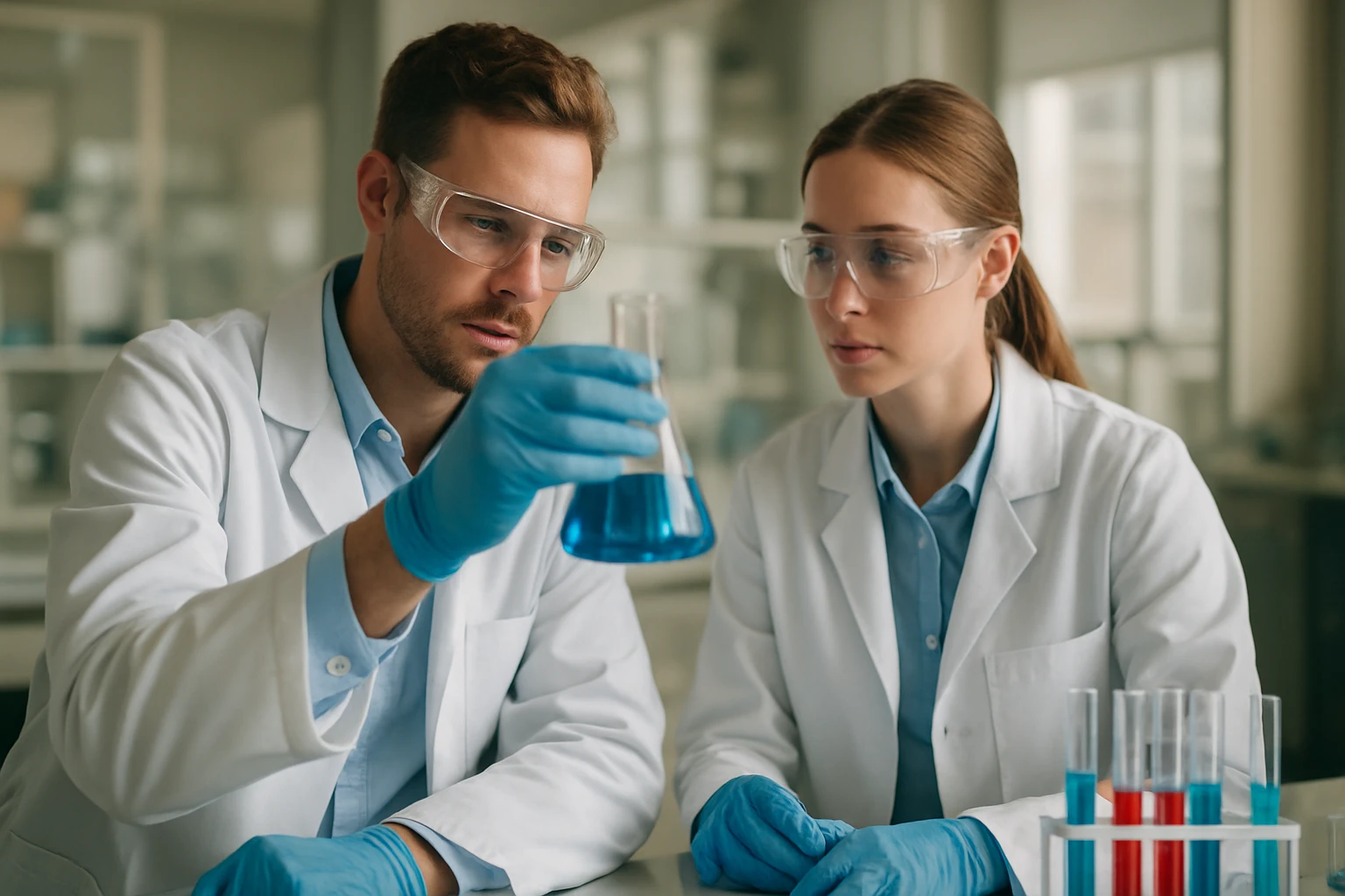 Diels Otto Paul Hermann: Élete és Tudományos Hagyatéka Kémikusok laboratóriumban, kék folyadékkal töltött kémcsővel.