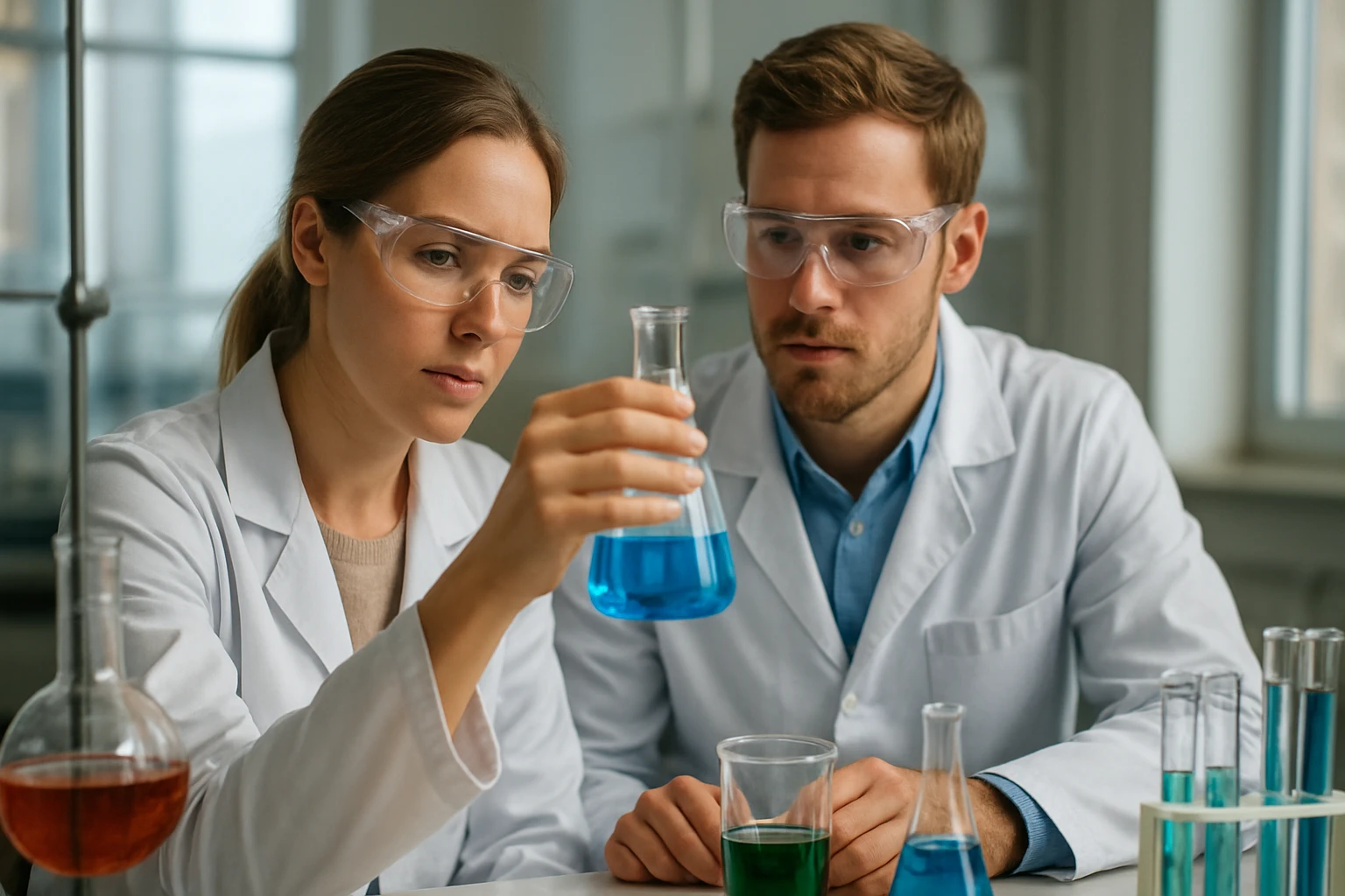 Diénok: Képleteik, Típusaik és Kémiai Jellemzőik Két tudós laboratóriumban diének kémiai jellemzőit vizsgálják.