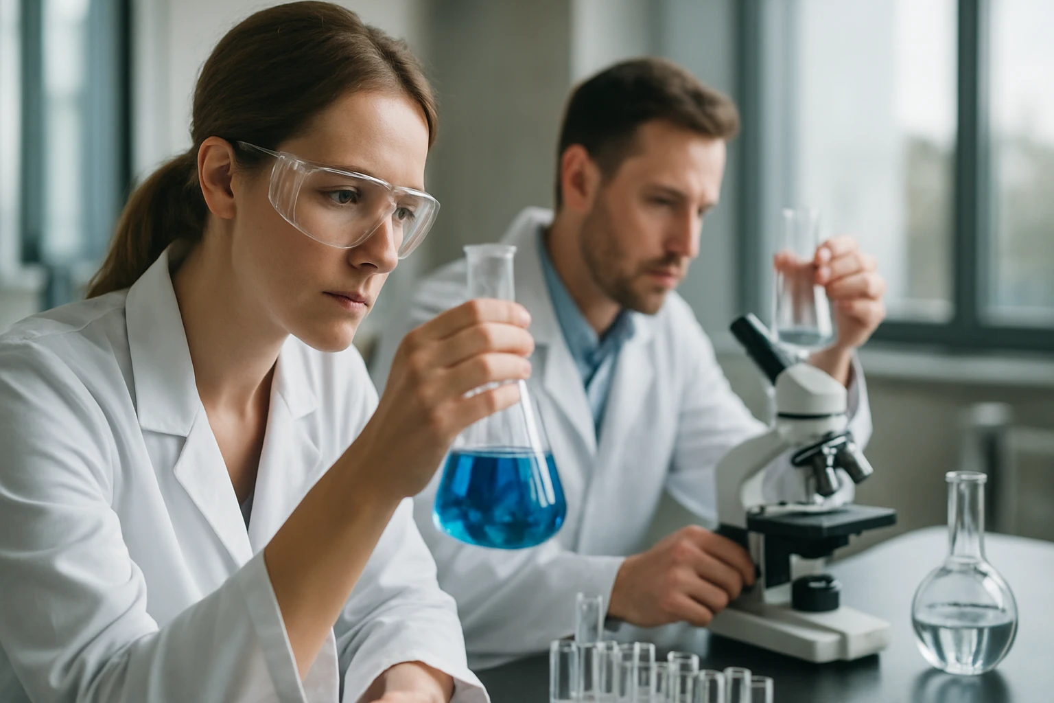 Kémikusok laboratóriumi kísérlet közben, dietanolamin vizsgálata