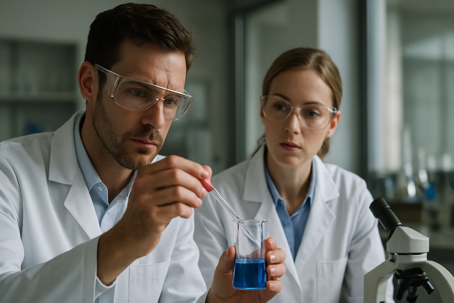 Két kutató laborban dolgozik, dietil-amin oldatot vizsgálva.