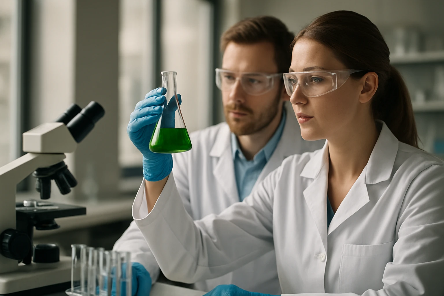 Két kutató laboratóriumi környezetben zöld folyadékot vizsgál.