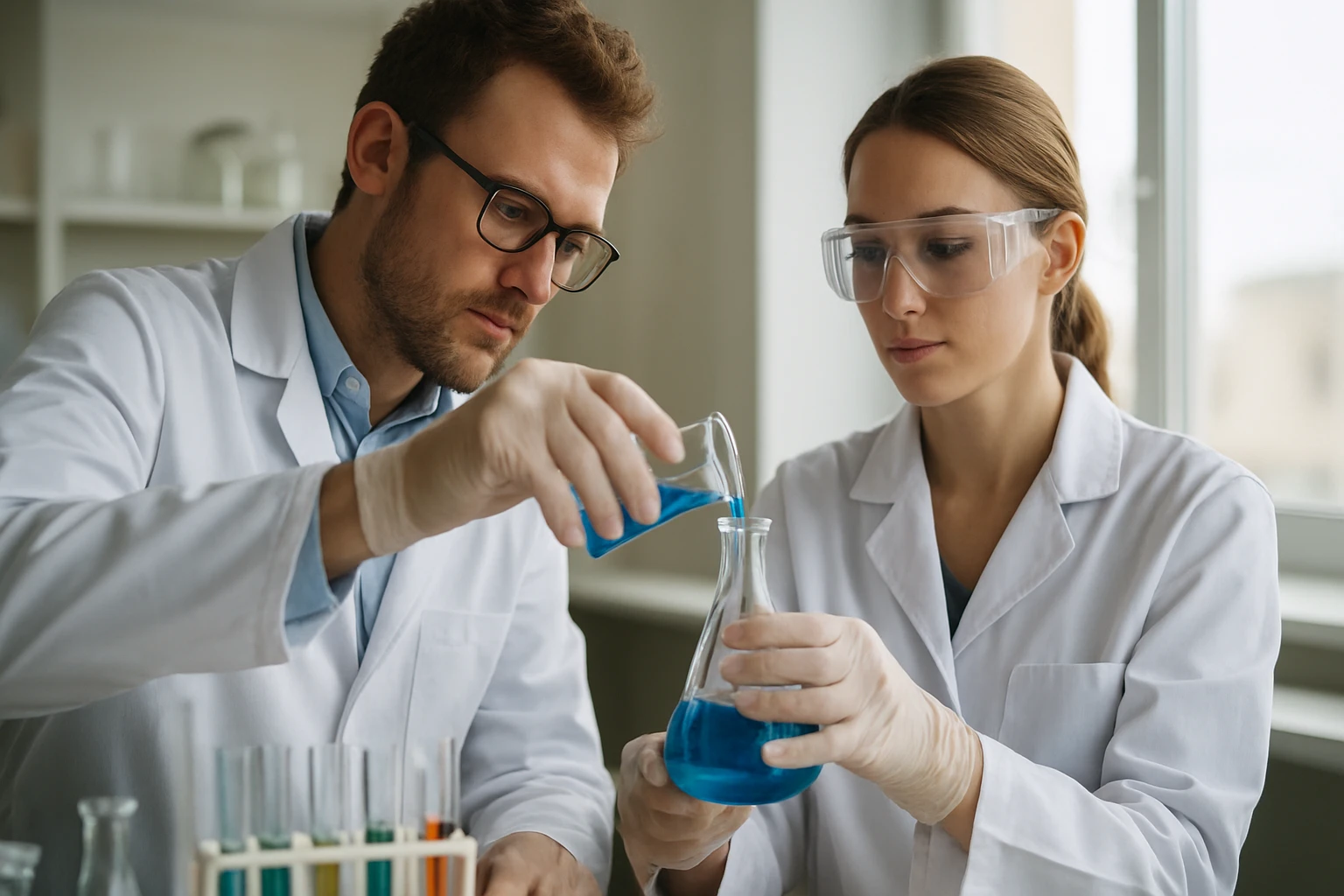 Két tudós kémiai kísérletet végez laboratóriumban.