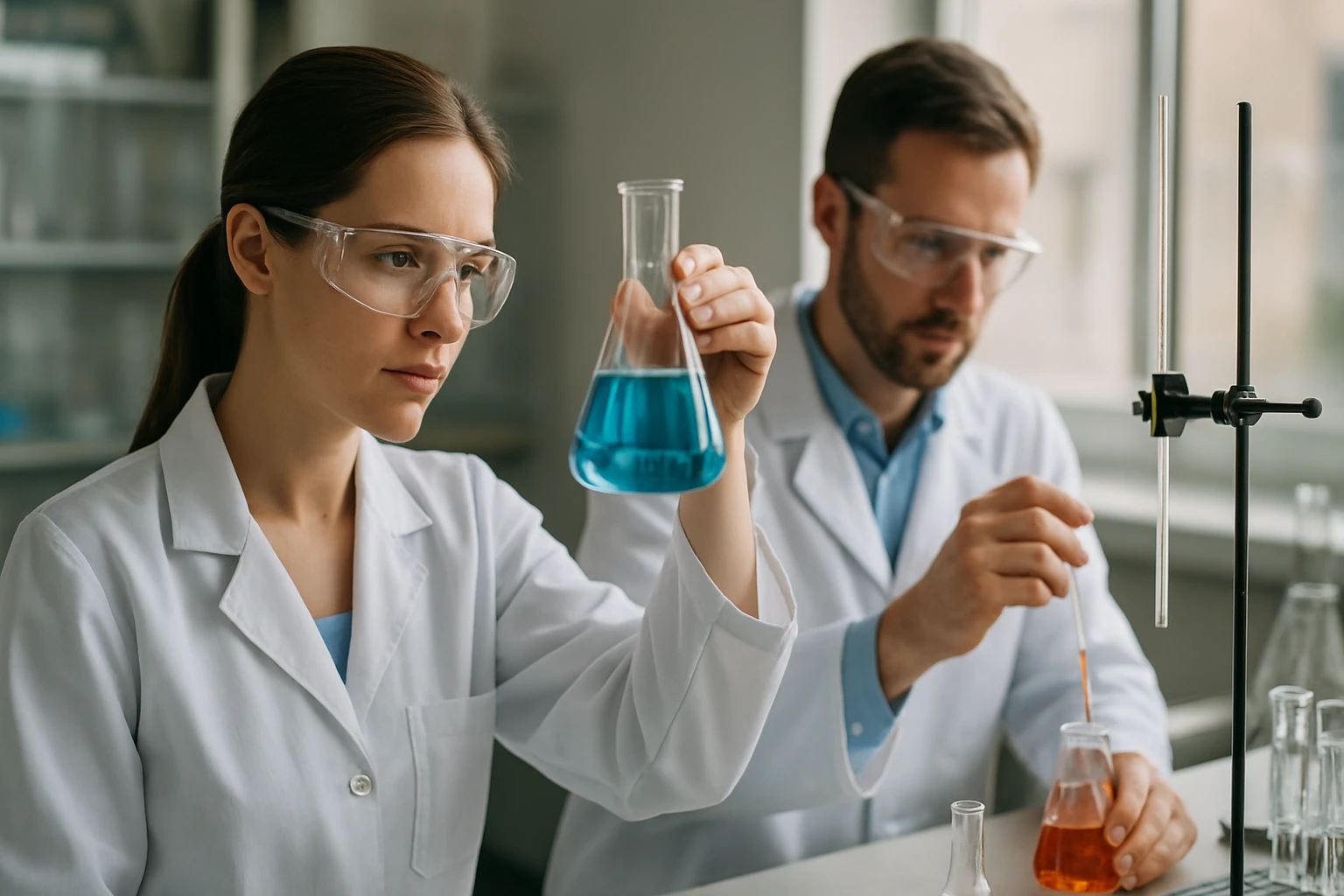 Kémikusok kísérleteznek aromás ketonokkal és szerves oldószerekkel.