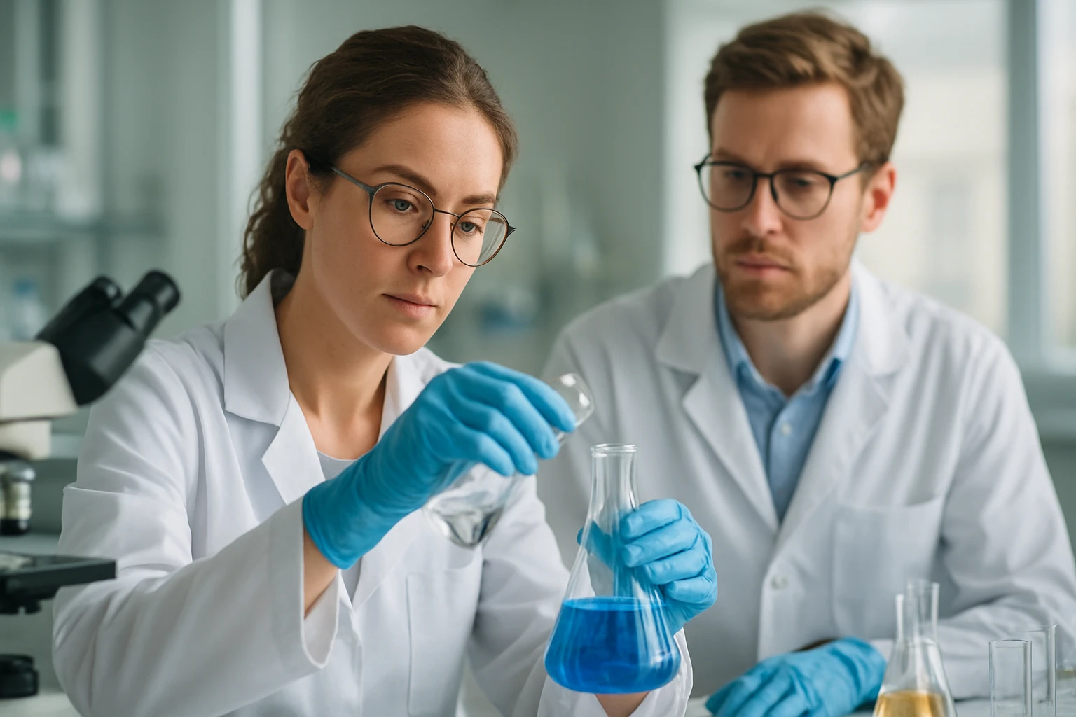 Két tudós kémiai kísérletet végez laboratóriumban.