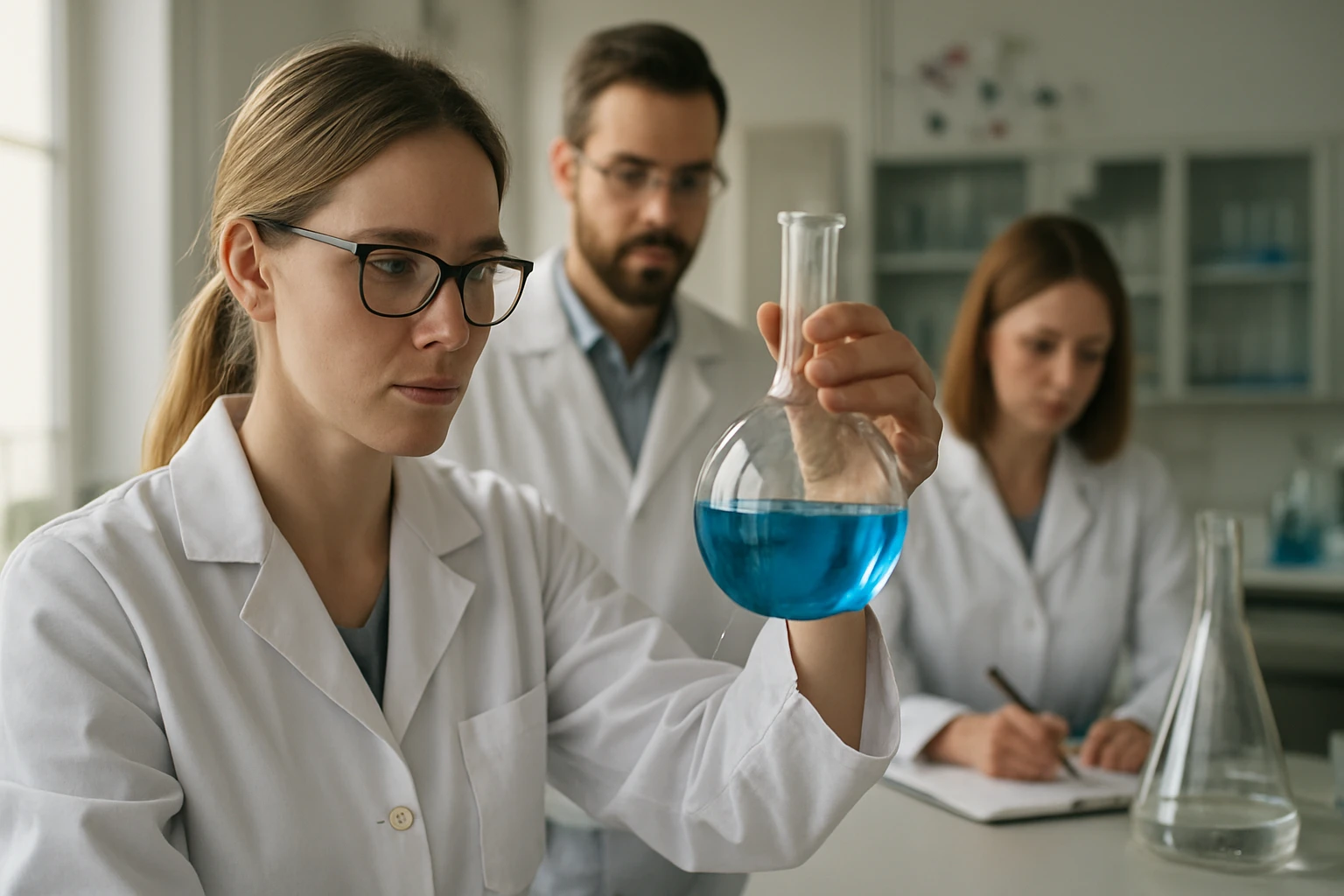 Kutatók laboratóriumban dikalcium-citrát vizsgálat közben.