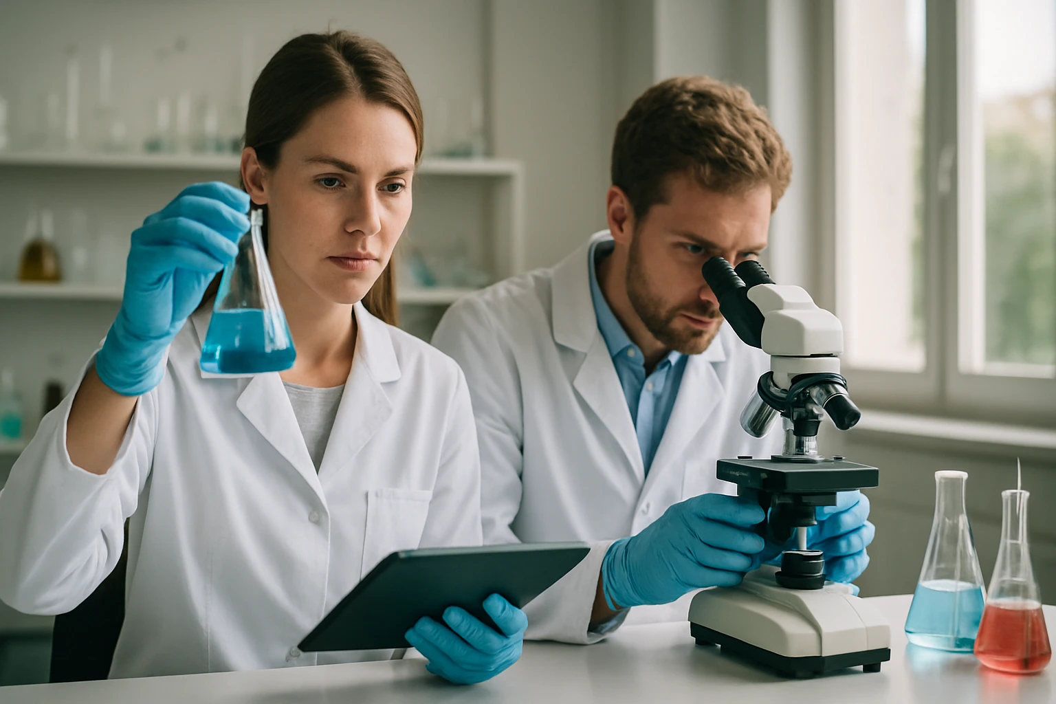 Kémiai laboratóriumban dolgozó kutatók, dikálium-monoszulfid vizsgálata