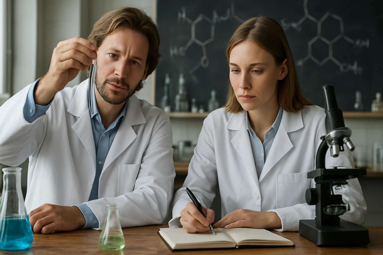 Két tudós dolgozik a laborban, különböző kémiai anyagokkal és jegyzetfüzettel.