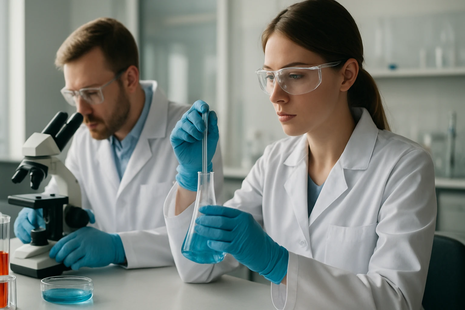 A diklór-bután izomerjei: tulajdonságok és felhasználási lehetőségek Két kutató dolgozik laboratóriumban, kémiai kísérleteket végeznek.