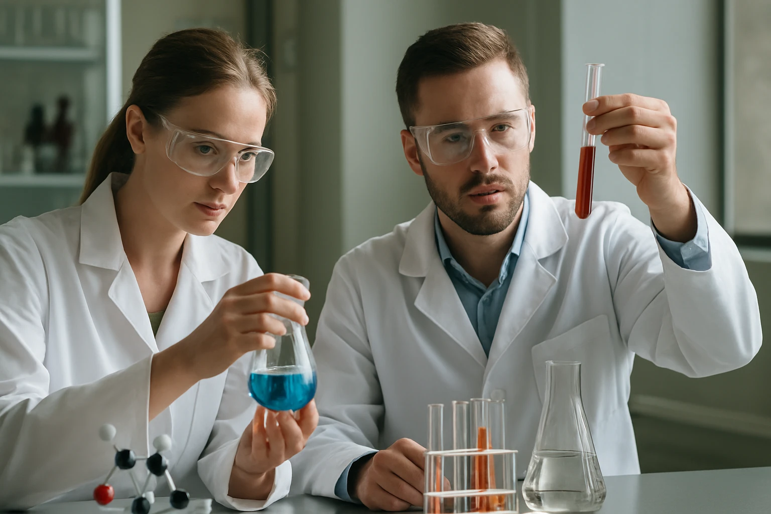 Két tudós laboratóriumban, dimetil-anilin kísérletezés közben