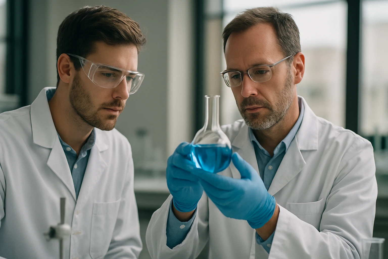 Két kutató a laborban kémcsőben lévő kék folyadékot vizsgálja.