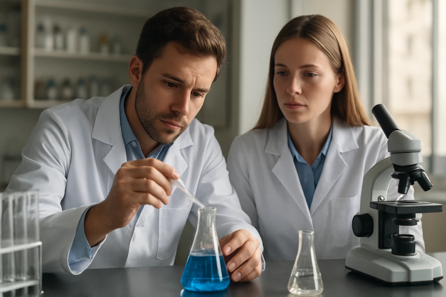 Két kutató laboratóriumban dinátrium-tioszulfáttal kísérletezik.