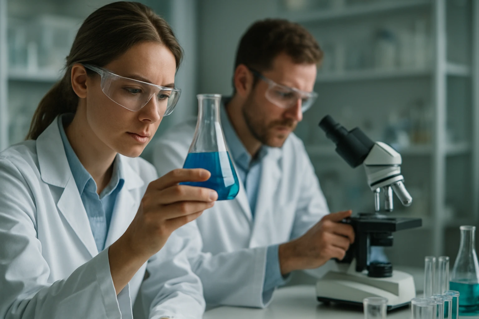 Két tudós laboratóriumban kémiai kísérleteket végez