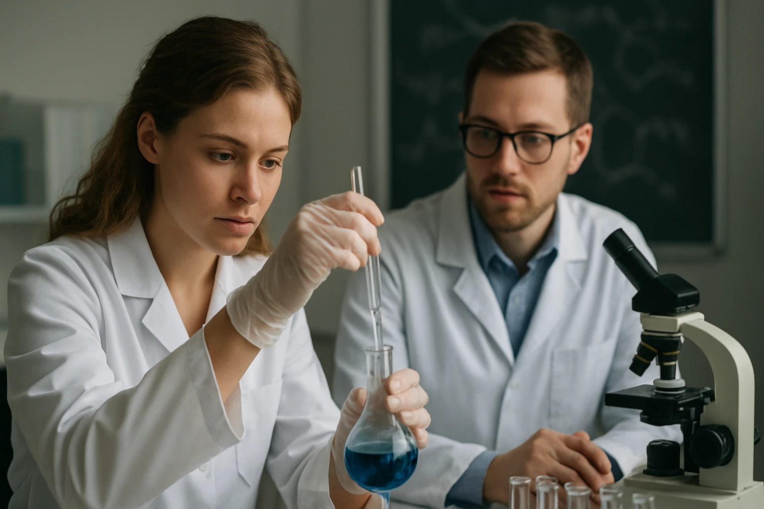 Két tudós laboratóriumban dioxánt vizsgálnak kémiai elemzéssel.