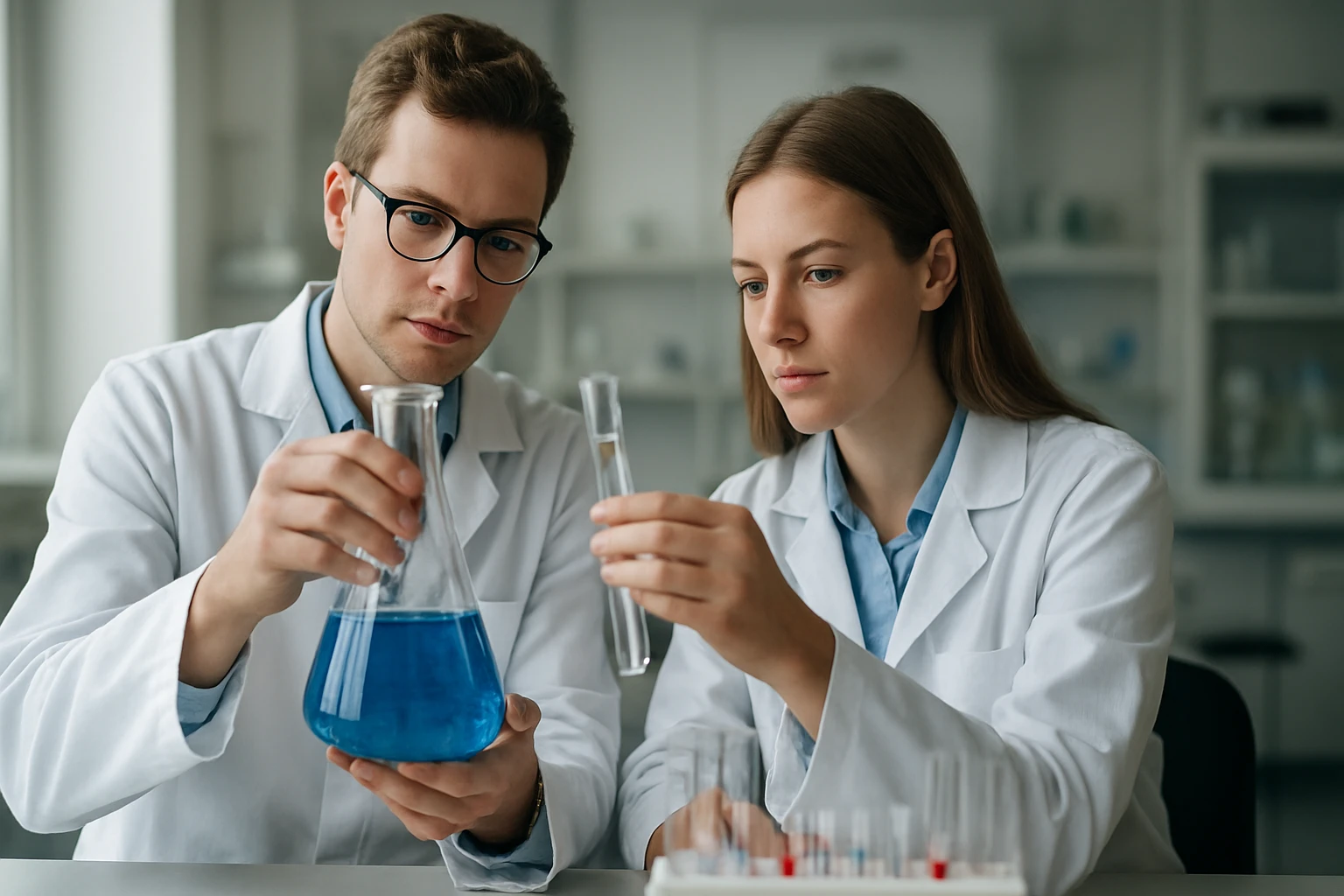 Két kutató dioxinokkal kapcsolatos kísérleten dolgozik laboratóriumban.