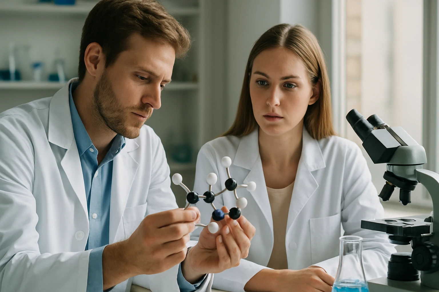 Kutatók dipeptid molekulát elemeznek laboratóriumban, mikroszkóp és kémcsövek mellett.