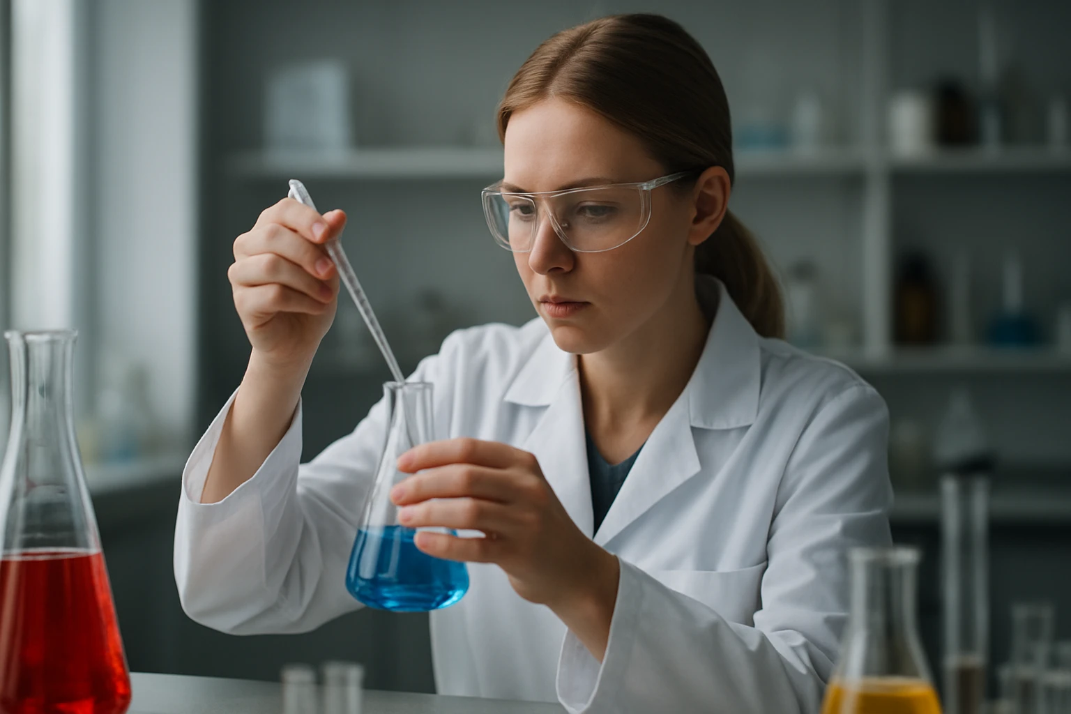Kémikus laboratóriumban kísérletezik, pipettával oldatot adagol.