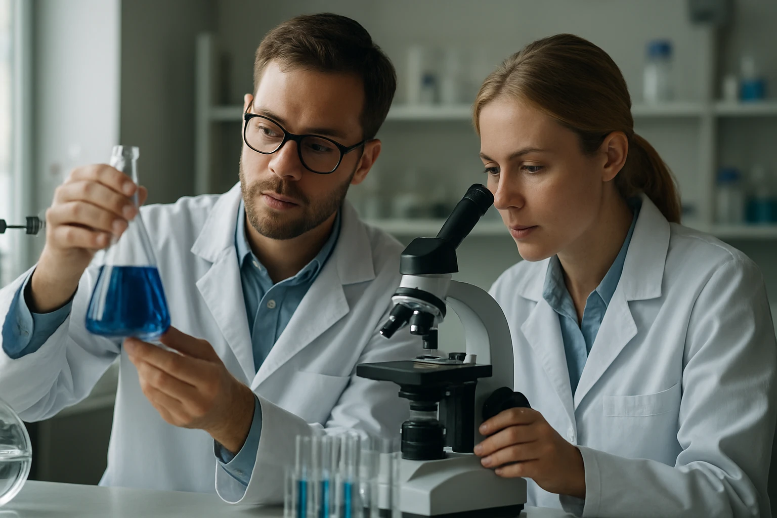 Két kutató laboratóriumban, kémiai vizsgálatot végeznek