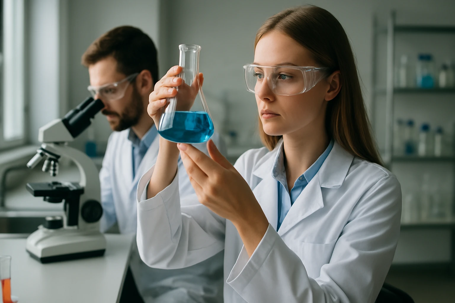 Két tudós laborban kémcsövekkel és mikroszkóppal dolgozik