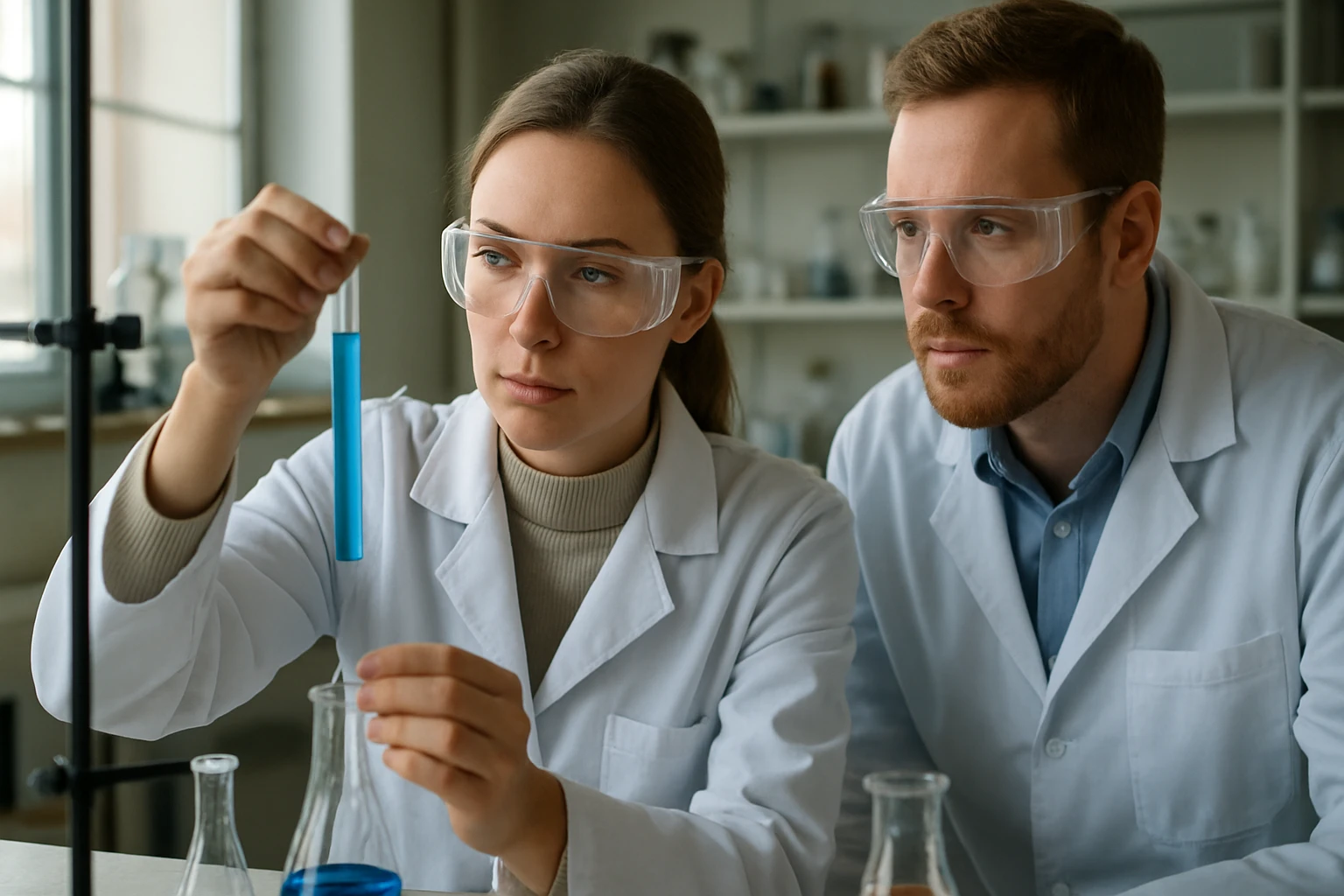 Két tudós laboratóriumban kémiai vizsgálatot végez, diszperziós közeg